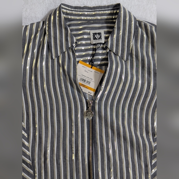 Anne Klein Gold & Grey Shirt, Striped & Sparkles, Short Sleeve, Size Small - Picture 4 of 7